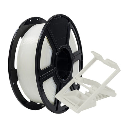 A spool of Flashforge PLA Pro 1.75mm 3D Printing Filament in white rests beside a small, angular white 3D-printed object with slots.