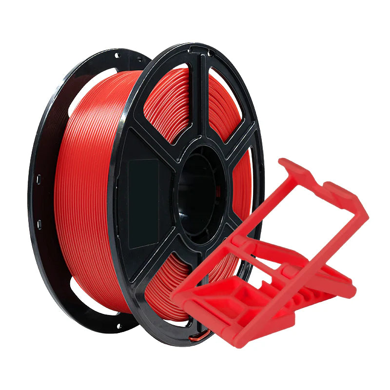 A spool of Flashforge PLA Pro 1.75mm 3D Printing Filament - Basic Colour sits next to a red 3D-printed filament clip holder.