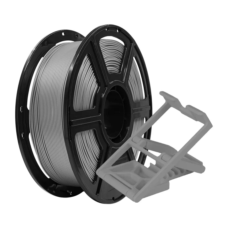 A spool of Flashforge PLA Pro 1.75mm 3D Printing Filament - Basic Colour sits beside a small, gray, 3D-printed stand or holder.