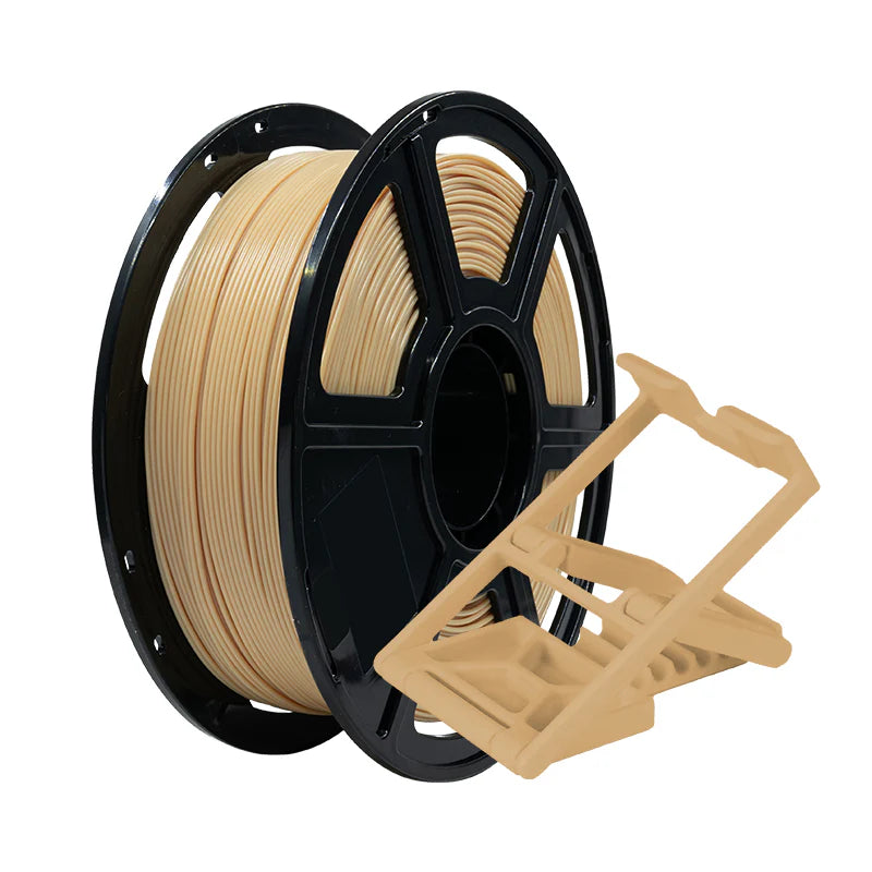 A spool of Flashforge PLA Pro 1.75mm 3D Printing Filament in beige is placed beside a small, beige 3D-printed object that looks like a folding stand or bracket.