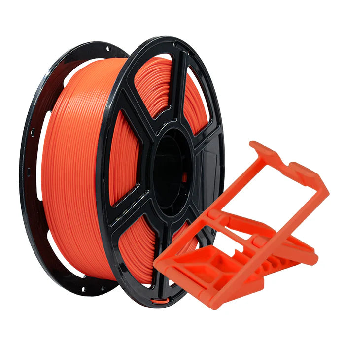 A spool of Flashforge PLA Pro 1.75mm 3D Printing Filament in orange sits next to a matching orange plastic filament holder.