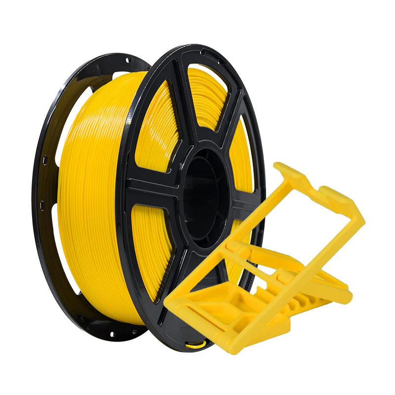 A spool of Flashforge PLA Pro 1.75mm 3D Printing Filament in yellow with a black reel is displayed beside a yellow plastic filament holder.