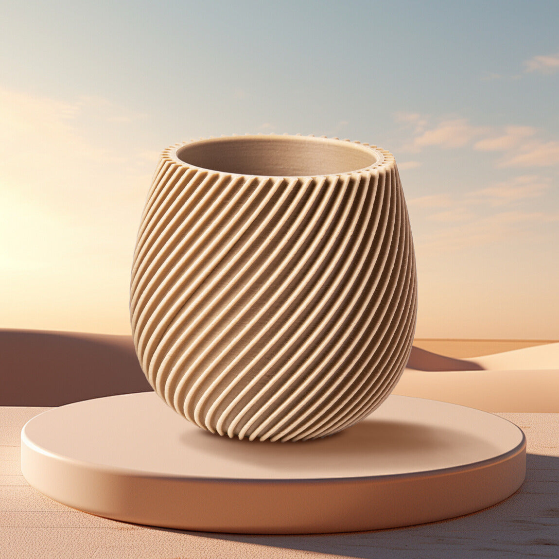 A round ceramic vase with diagonal ridges, 3D printed using Flashforge PLA Wood 1.75mm filament, is displayed on a circular platform against a soft, desert-inspired background.
