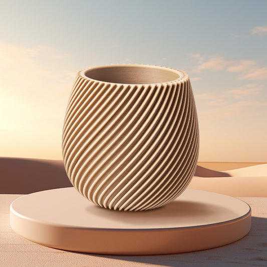 A round ceramic vase with diagonal ridges, 3D printed using Flashforge PLA Wood 1.75mm filament, is displayed on a circular platform against a soft, desert-inspired background.