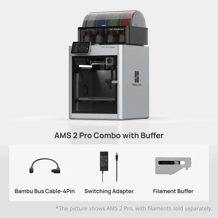 Bambu Lab X1C 3D Printer by Bambu Lab features a touchscreen, Bambu Bus Cable-4Pin, Switching Adapter, and Filament Buffer; supports Multi Material and high-quality printing. Filaments not included.