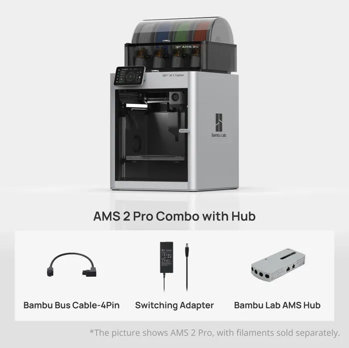 3D Printing Perth - Cirrus Link's Bambu Lab X1C 3D Printer is shown with AMS hub, dual auto bed leveling, and high-speed CoreXY for multi-material prints. Includes Bambu Bus Cable-4Pin, switching adapter, and AMS hub accessories.