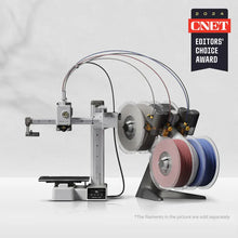 The Bambu Lab A1 mini 3D Printer with full-metal linear rails and four filament spools for 4-color printing is shown beside a 2024 CNET Editors' Choice Award badge. Text indicates filaments are sold separately.