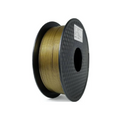 A spool of Hello3D PLA Metal like Colour 1.75mm 3D Printing Filament from Hello3D, featuring a gold metallic finish on a black plastic reel, is shown against a plain white background.