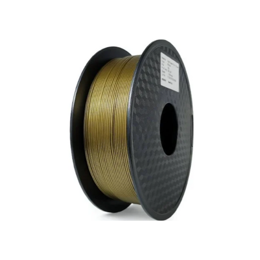 A spool of Hello3D PLA Metal like Colour 1.75mm 3D Printing Filament from Hello3D, featuring a gold metallic finish on a black plastic reel, is shown against a plain white background.