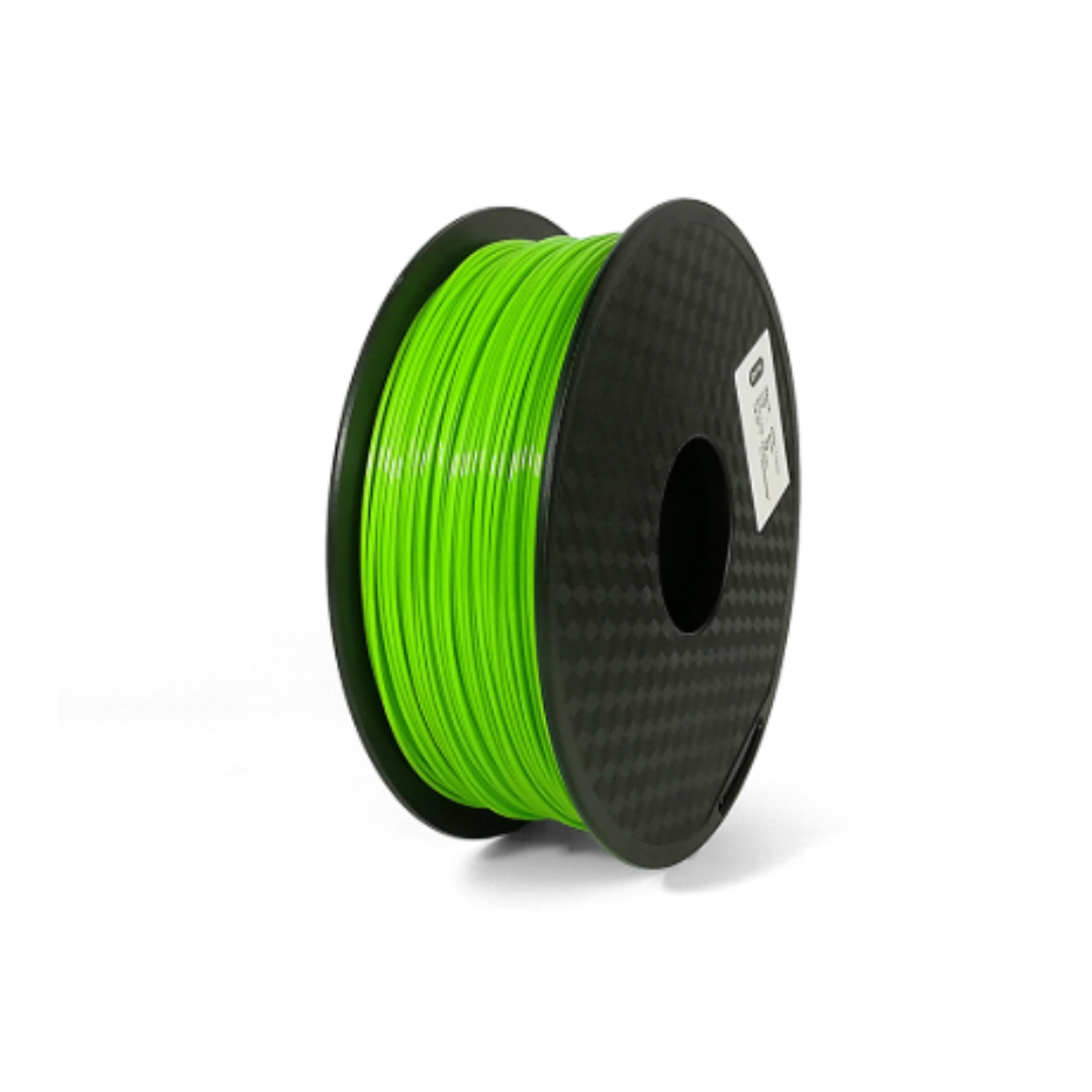 The Hello3D PETG 1.75mm Filament comes on a black plastic reel in bright green, ideal for your next 3D printing project.