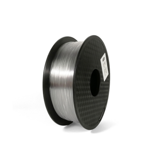 Hello3D PETG 1.75mm 3D Printing Filament comes on a black plastic reel and is clear or translucent, making it ideal for 3D printing projects.