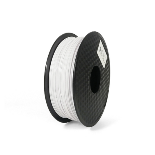 A black spool of Hello3D PETG 1.75mm 3D Printing Filament holds a coil of white filament, displayed against a plain white background.