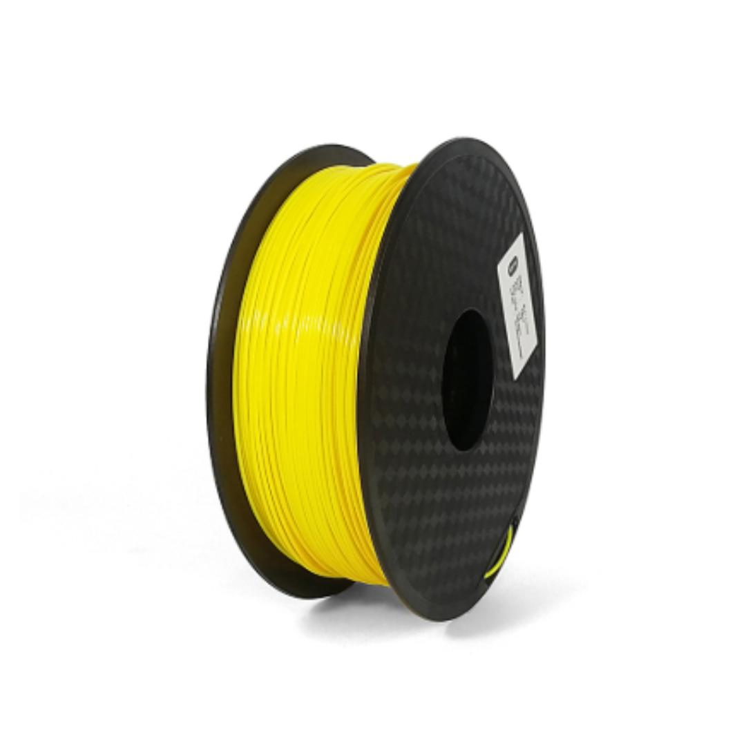 A spool of Hello3D PETG 1.75mm 3D Printing Filament in yellow, featuring black side panels and a label on one side, is photographed against a white background.