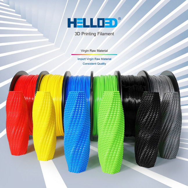 Five spools of Hello3D PLA Standard Colour 1.75mm filament by Hello3D in red, yellow, blue, green, and black with matching 3D models are displayed on a geometric background—perfect for your 3D printing filament needs.