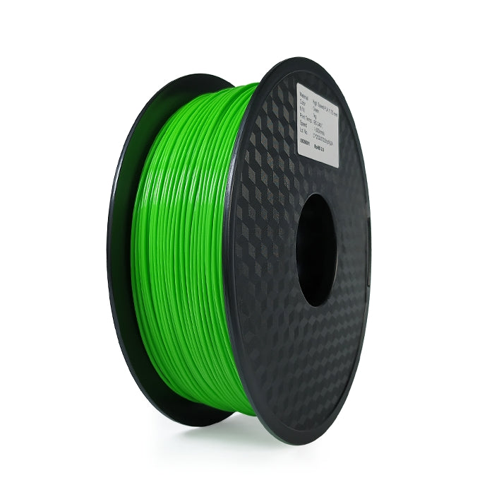A spool of Hello3D PLA Standard Colour 1.75mm 3D Printing Filament in bright green, with a black reel and white label, is displayed against a white background.