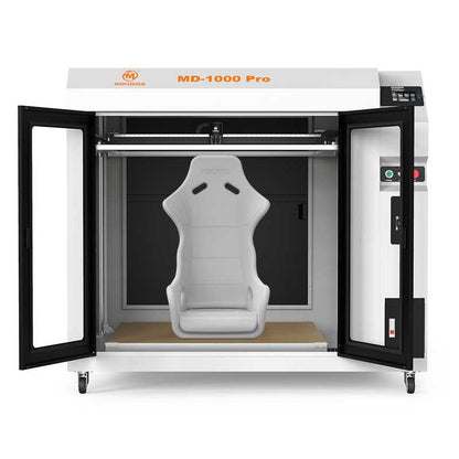 A large-scale MINGDA MD-1000 PRO 3D printer with a seat in it, capable of printing various materials.