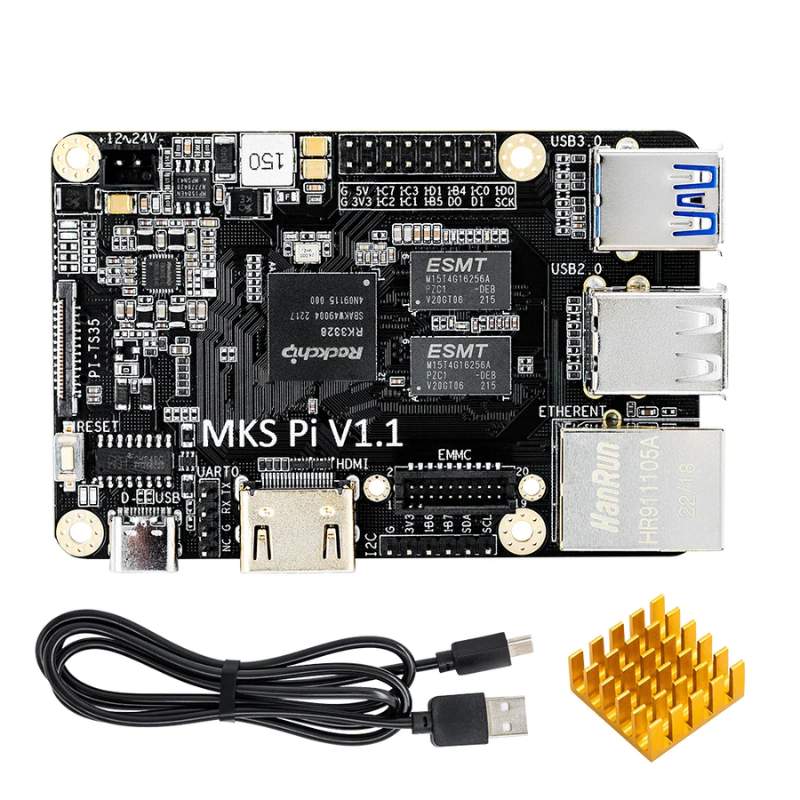 A small Motherboard MakerBase MKS PI V1.1 (Support Klipper) controller board with a micro USB cable.