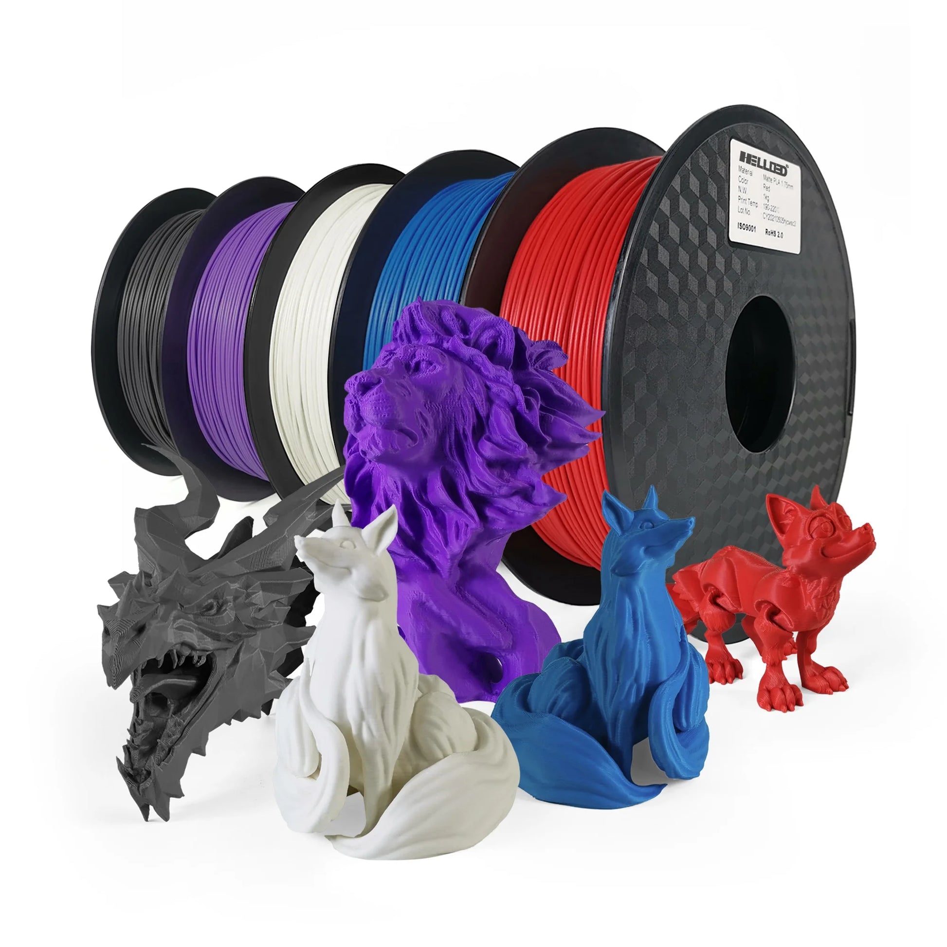 Four spools of Hello3D PLA Matte Colour 1.75mm filament in black, purple, white, and blue are shown behind five matching 3D-printed animals, showcasing the smooth matte finish of this Hello3D 3D printing filament.
