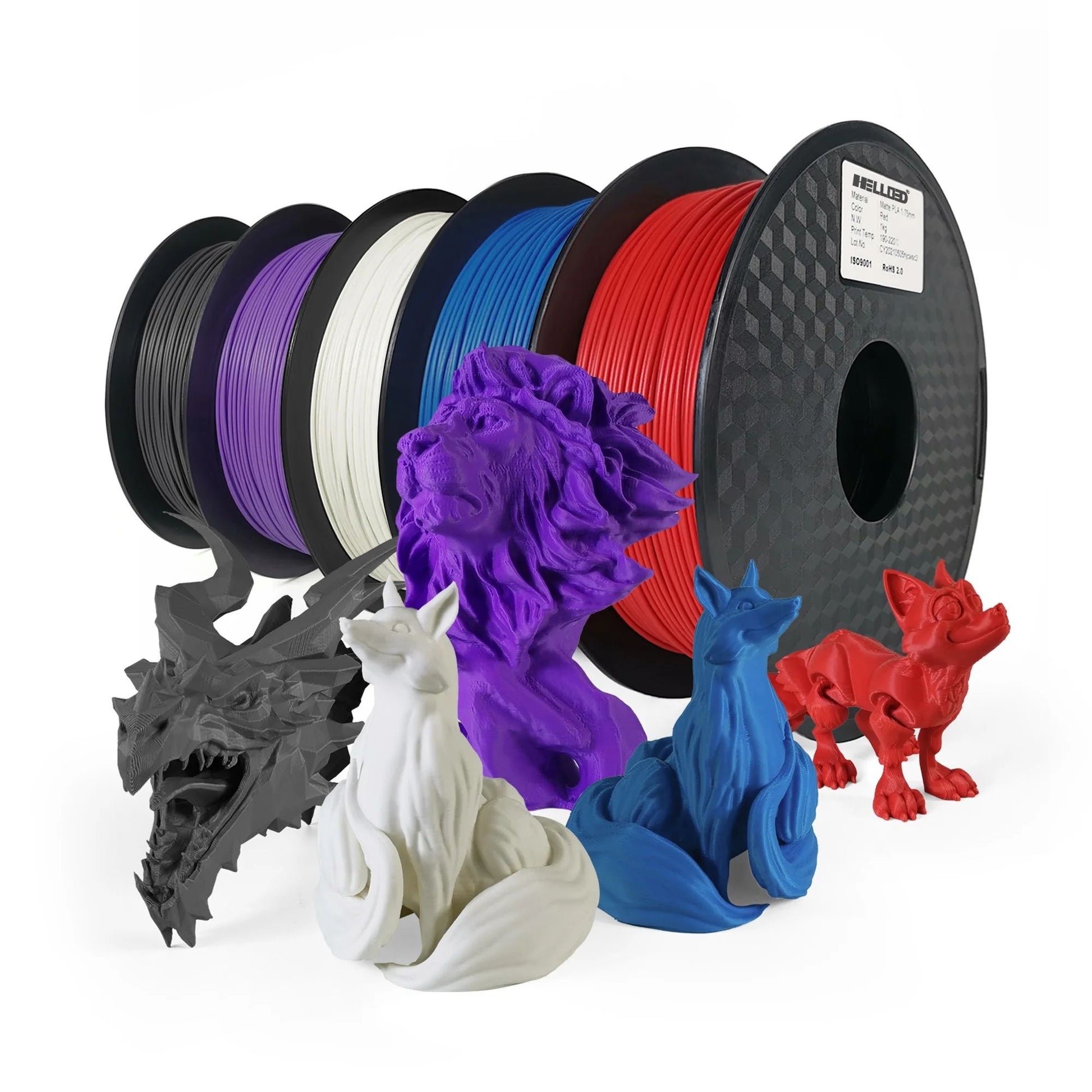 Four spools of Hello3D PLA Matte Colour 1.75mm filament are displayed in front of 3D-printed models—a dragon, lion, and four foxes—highlighting the vibrant matte colors and smooth finish of the Hello3D brand.