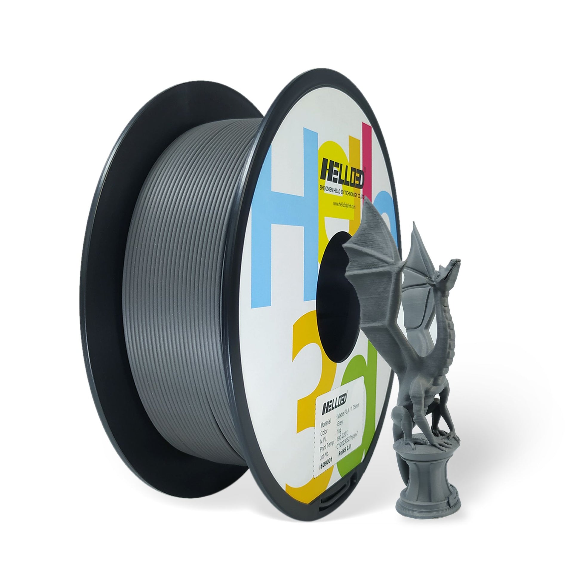 A spool of Hello3D PLA Matte Colour 1.75mm filament sits beside a smooth, matte gray 3D-printed dragon figurine, both made using Hello3D brand filament.