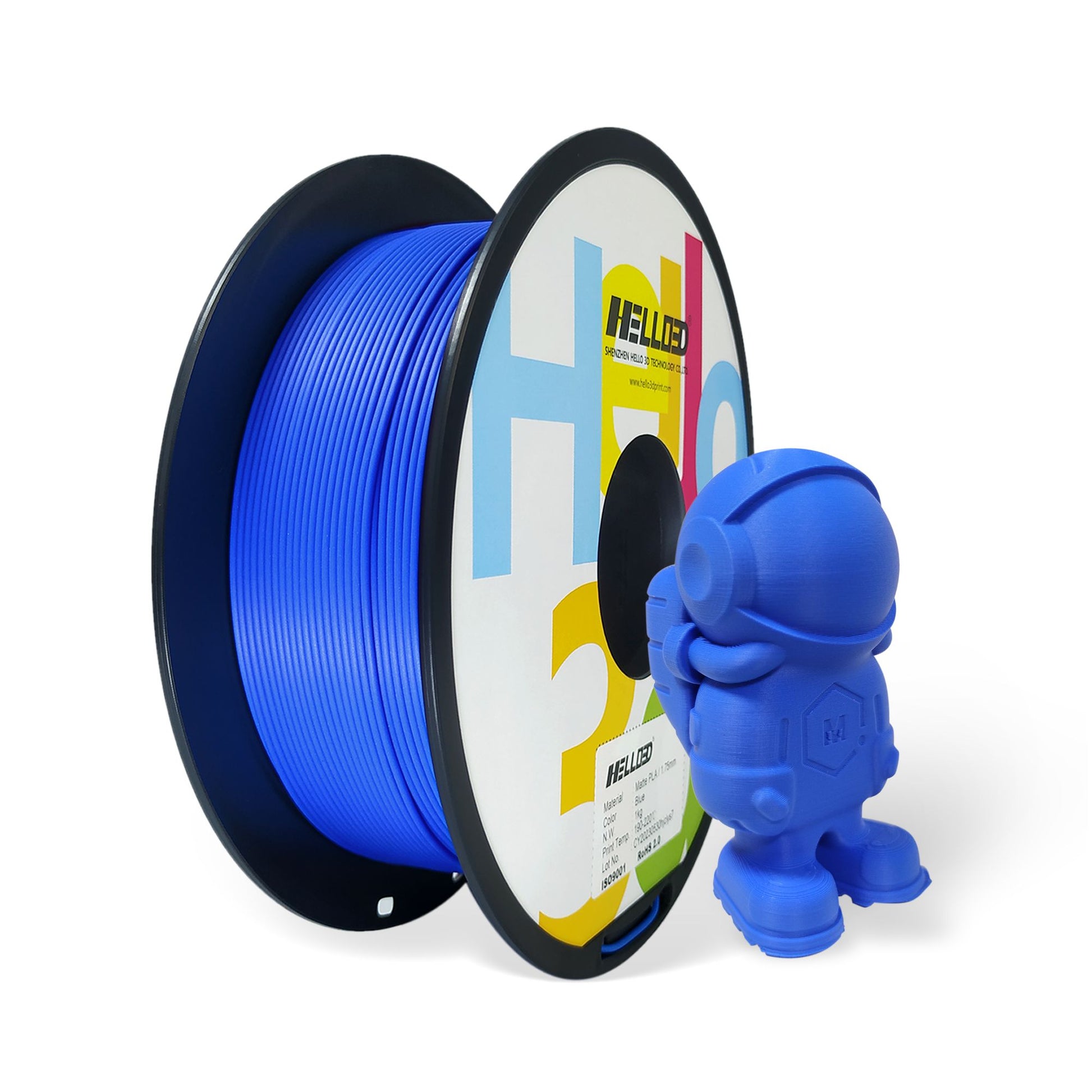 A spool of Hello3D PLA Matte Colour 1.75mm filament is displayed beside a blue 3D-printed astronaut, showcasing the smooth, matte finish possible with this high-quality Hello3D 3D printing filament.