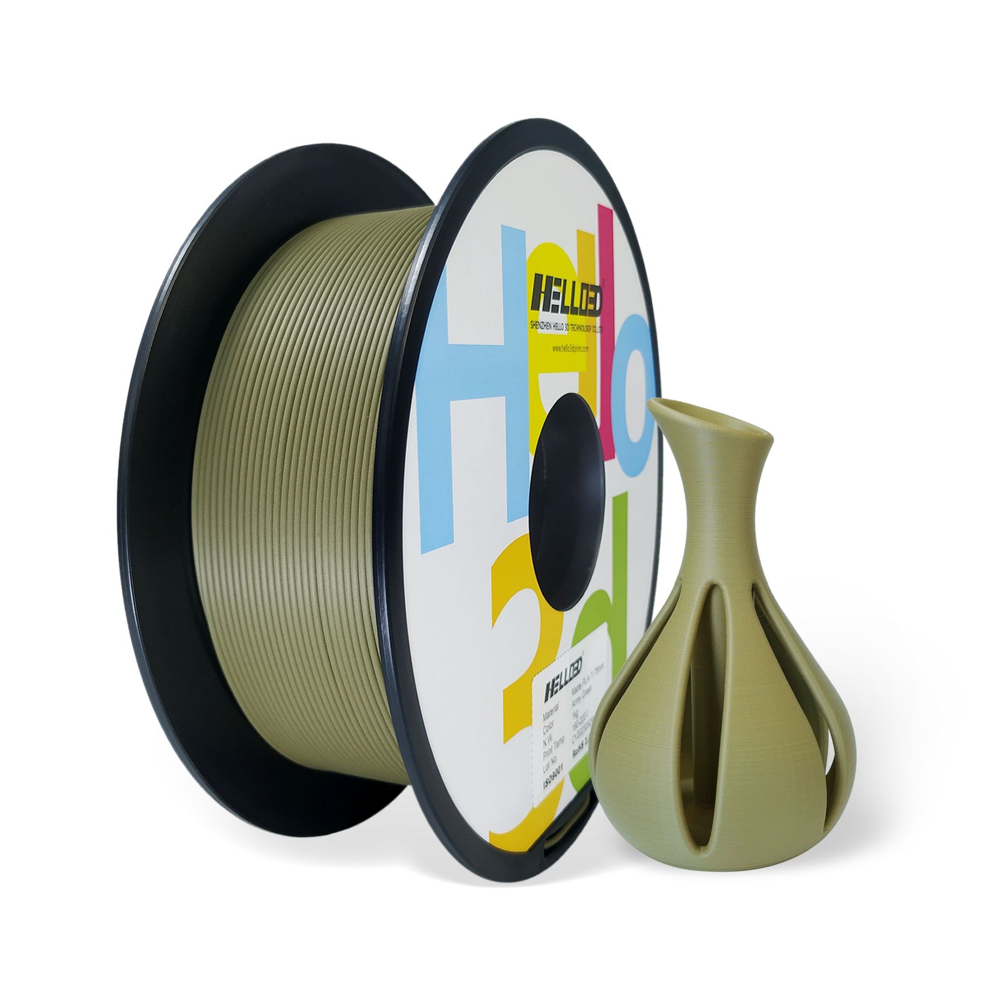A spool of Hello3D PLA Matte Colour 1.75mm filament is displayed beside a small green vase-shaped 3D print, showcasing the smooth matte finish you can achieve with this high-quality Hello3D filament.