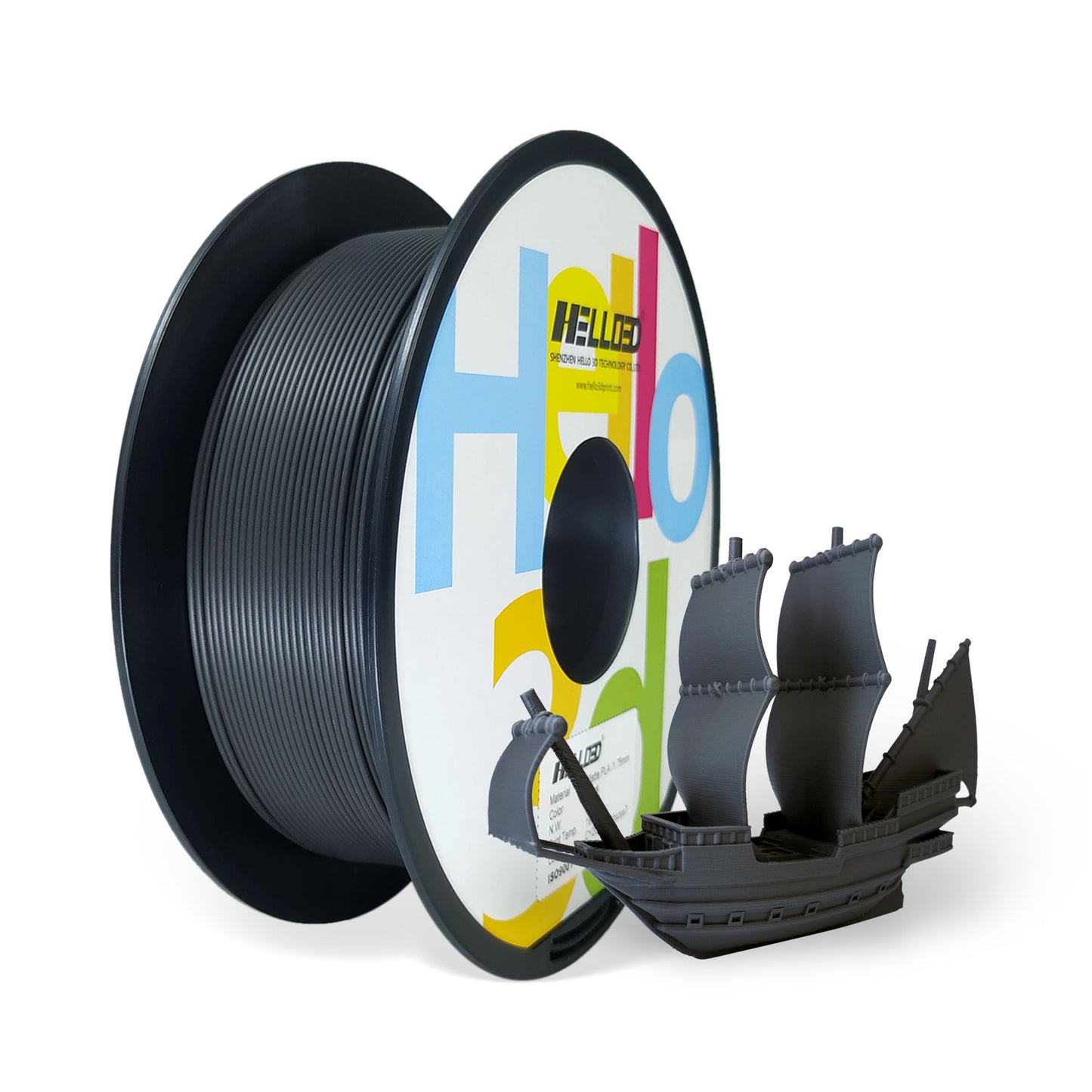 A spool of Hello3D PLA Matte Colour 1.75mm filament is shown with a small, detailed 3D-printed ship in front, demonstrating the smooth matte finish achievable with Hello3D’s high-quality 3D printing filament.