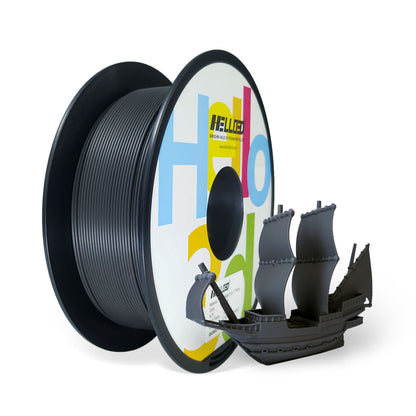 A spool of Hello3D PLA Matte Colour 1.75mm filament is shown with a small, detailed 3D-printed ship in front, demonstrating the smooth matte finish achievable with Hello3D’s high-quality 3D printing filament.