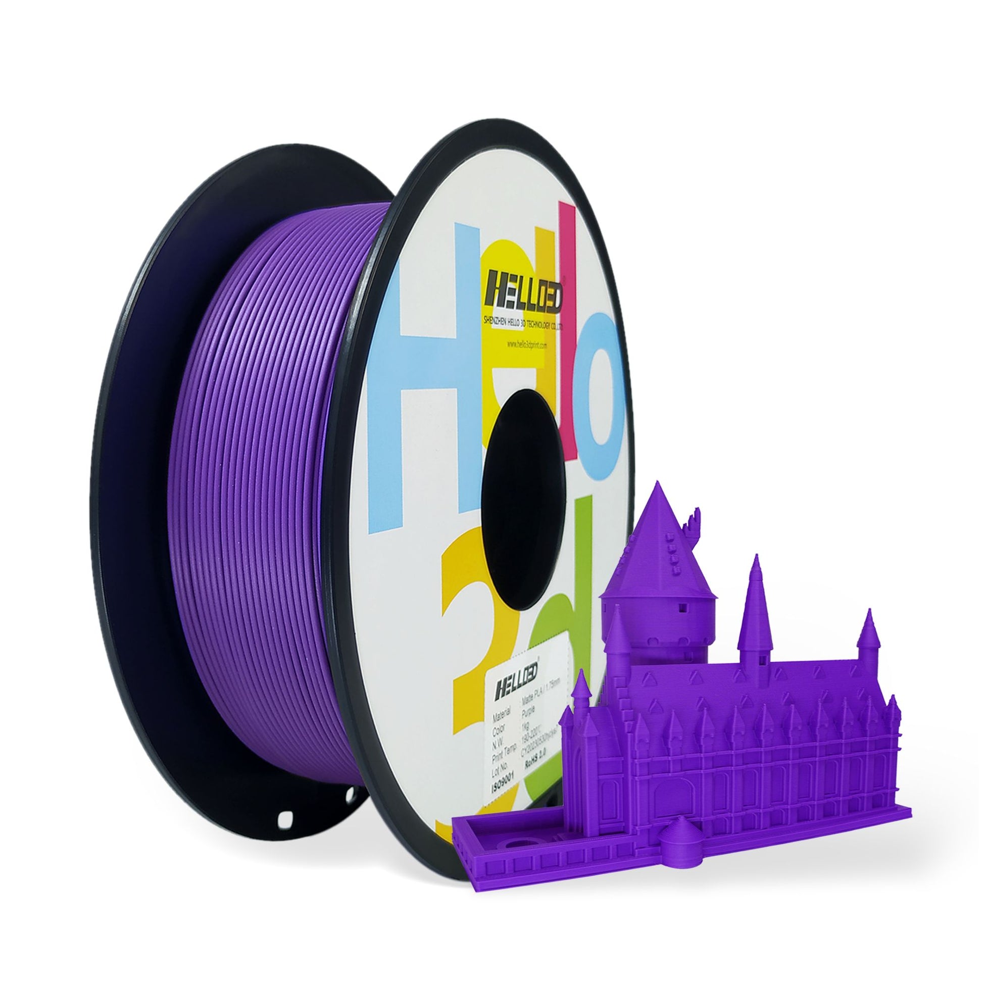 A spool of Hello3D PLA Matte Colour 1.75mm filament by Hello3D and a detailed purple 3D-printed castle model both display the filament's stylish matte finish.