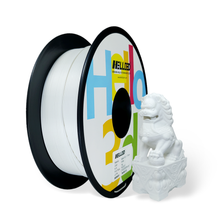 A spool of Hello3D Filament - TPU Flexible Standard Colour 1.75mm 3D Printing Filament is shown beside a white, 3D-printed lion statue on a rectangular base.
