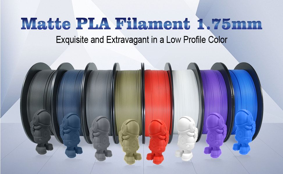 Seven spools of Hello3D PLA Matte Colour 1.75mm 3D Printing Filament are shown in a row, each with a matching 3D-printed figure in front. Text above highlights the Hello3D brand filament product.