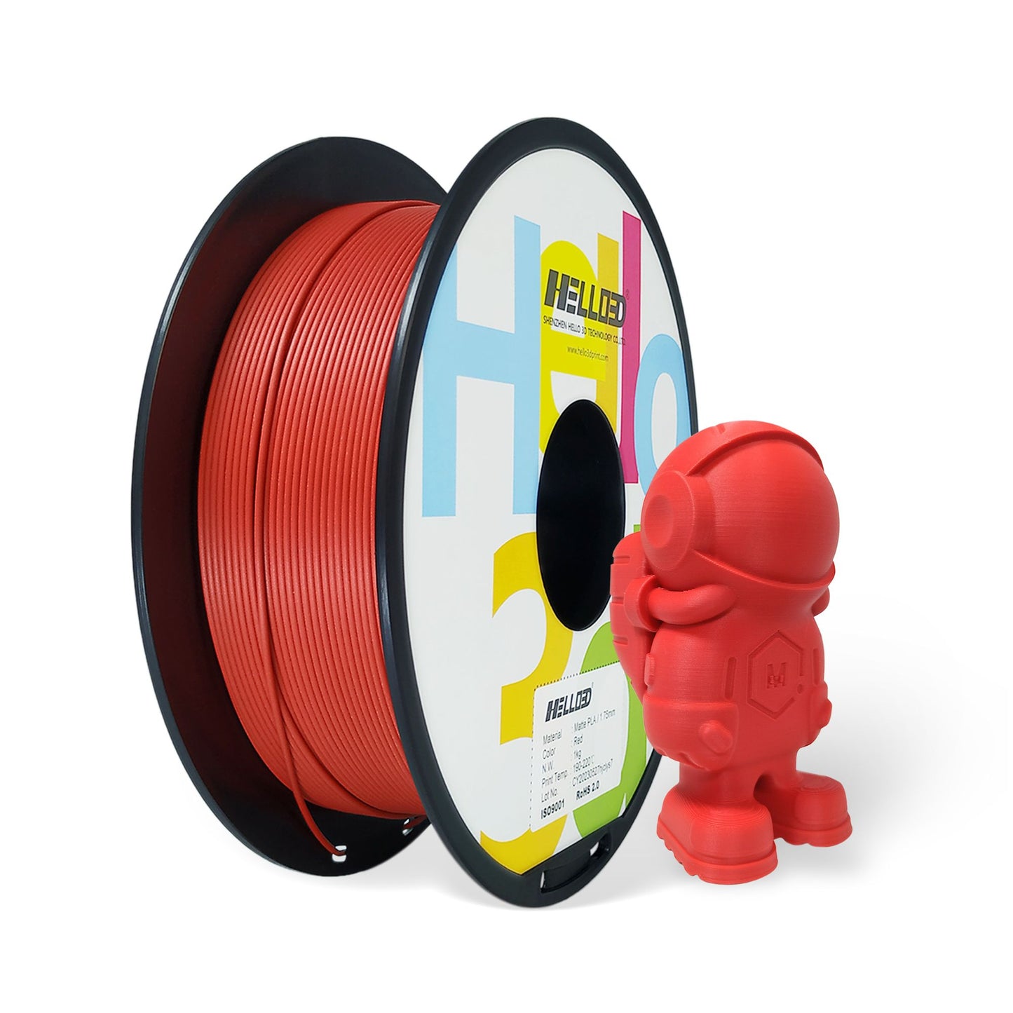 A spool of Hello3D PLA Matte Colour 1.75mm filament is displayed beside a red 3D-printed astronaut figurine, both featuring a smooth matte finish that highlights the quality of Hello3D's product.