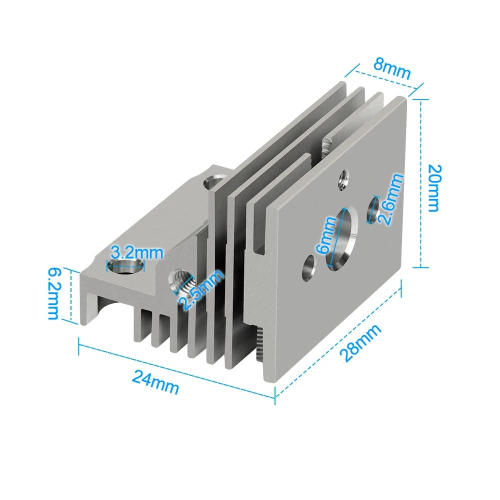 An aluminum heatsink for Creality K1 3D printer extruders features precision cutouts and dimensions: 3.2mm, 6.2mm, 2.5mm, 24mm, 28mm, 26mm, 20mm, and 8mm—perfect for integrating into advanced mechanical parts.