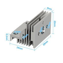 An aluminum heatsink for Creality K1 3D printer extruders features precision cutouts and dimensions: 3.2mm, 6.2mm, 2.5mm, 24mm, 28mm, 26mm, 20mm, and 8mm—perfect for integrating into advanced mechanical parts.