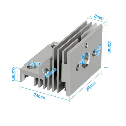 An aluminum heatsink for Creality K1 3D printer extruders features precision cutouts and dimensions: 3.2mm, 6.2mm, 2.5mm, 24mm, 28mm, 26mm, 20mm, and 8mm—perfect for integrating into advanced mechanical parts.
