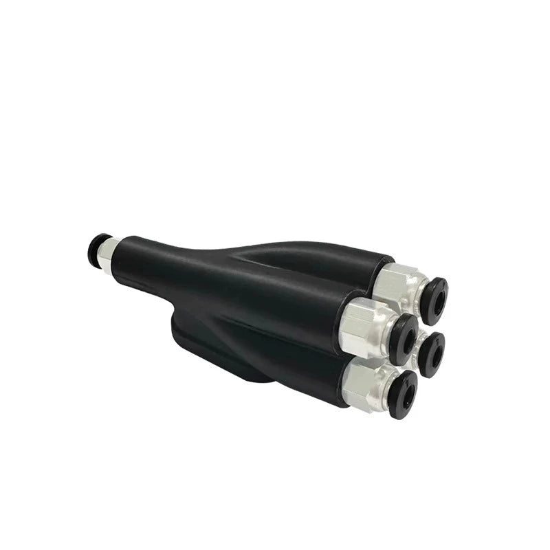 The Bambu Lab X1C/P1P 4-in-1 Filament Feeder, compatible with the Bambu Lab X1C/P1P, is a black mechanical part featuring four cylindrical extensions ending in threaded metal connectors, enhancing multi-material printing setups with its innovative design.
