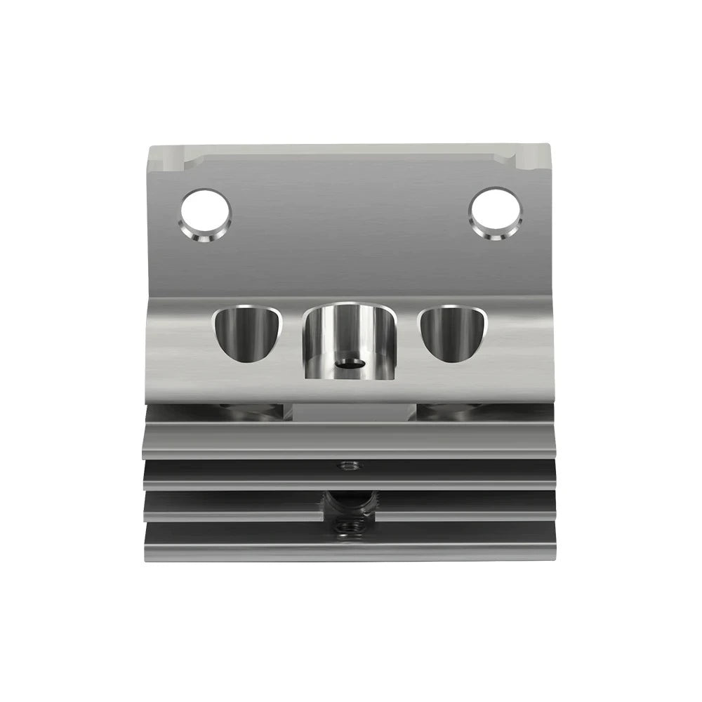 Close-up of a Creality aluminum heatsink bracket with two circular holes and a grooved bottom, designed to mount or secure 3D printer extruders for the Creality K1/K1 MAX.