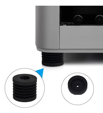 Close-up of a black rubber foot pad on a gray appliance, with a magnified inset revealing the pad's grooved texture. The Bambu Lab X1/P1P Anti-Vibration Printer Foot Pads are essential for enhancing the stability of 3D printers like the Bambu Lab models, ensuring more stable and quieter printing.