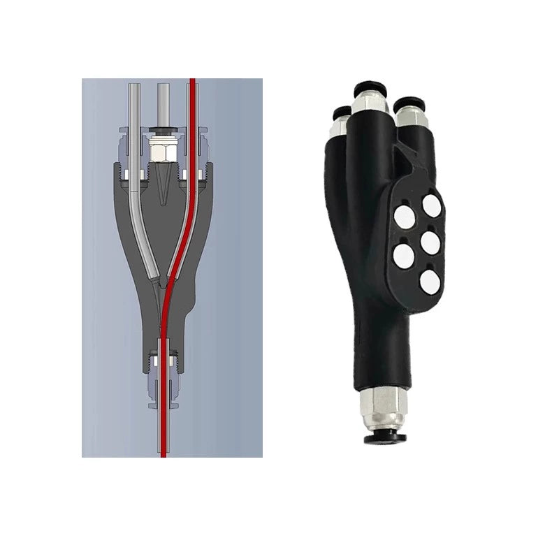 The left diagram shows a cable feedthrough in a pipe, and the right image displays a black multi-port cable gland with connectors. These can be integrated using innovative techniques like multi-material printing with the Bambu Lab X1C/P1P 4-in-1 Filament Feeder by Bambu Lab.