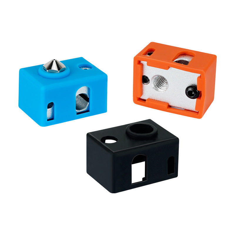 The E3D PT100 Silicone Case Insulation Covers by 3D Printing Perth - Cirrus Link provide enhanced protection and high-temperature resistance with three colorful options: blue, orange, and black, shown from different angles.