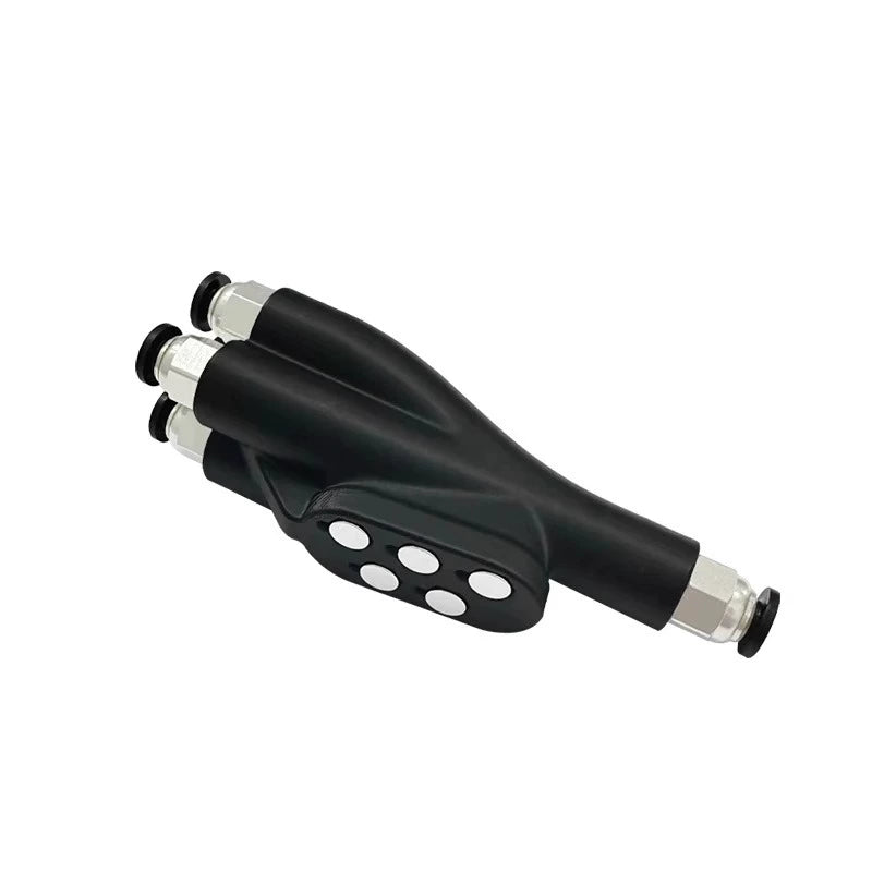 The Bambu Lab black multi-port connector features three cylindrical outlets and silver metal fittings. It's compatible with the 4-in-1 Filament Feeder, making it ideal for Bambu Lab X1C/P1P setups, perfect for enhancing multi-material printing efficiency.