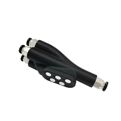 The Bambu Lab black multi-port connector features three cylindrical outlets and silver metal fittings. It's compatible with the 4-in-1 Filament Feeder, making it ideal for Bambu Lab X1C/P1P setups, perfect for enhancing multi-material printing efficiency.