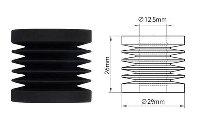 The Bambu Lab X1/P1P Anti-Vibration Printer Foot Pad, designed for stable and quieter printing, is showcased next to a technical drawing. This black rubber bushing with ridges is compatible with the Bambu Lab X1/P1P models and measures 29mm in outer diameter, 12.5mm in inner diameter, and 26mm in height.