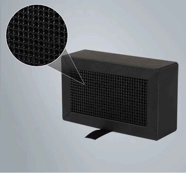The rectangular black Bambu Lab X1/P1 Activated Carbon Air Filter offers a zoomed-in view that highlights its grid pattern, reminiscent of the intricate designs achieved with 3D printing, while working to reduce odors and improve air quality.