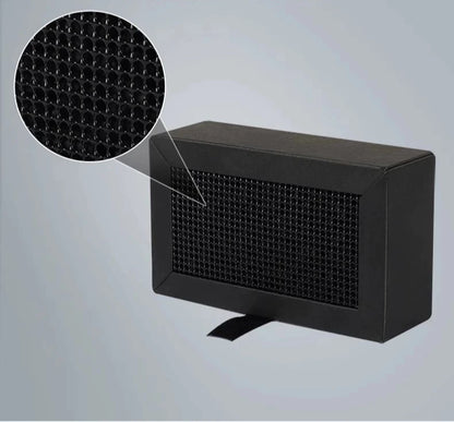 The rectangular black Bambu Lab X1/P1 Activated Carbon Air Filter offers a zoomed-in view that highlights its grid pattern, reminiscent of the intricate designs achieved with 3D printing, while working to reduce odors and improve air quality.