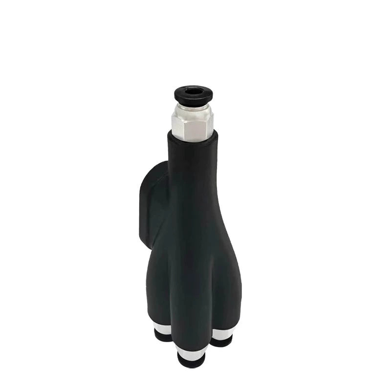 A black and silver garden hose nozzle with a three-pronged base, crafted using Bambu Lab's X1C/P1P 4-in-1 Filament Feeder, is displayed against a white background.