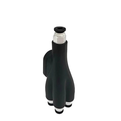 A black and silver garden hose nozzle with a three-pronged base, crafted using Bambu Lab's X1C/P1P 4-in-1 Filament Feeder, is displayed against a white background.