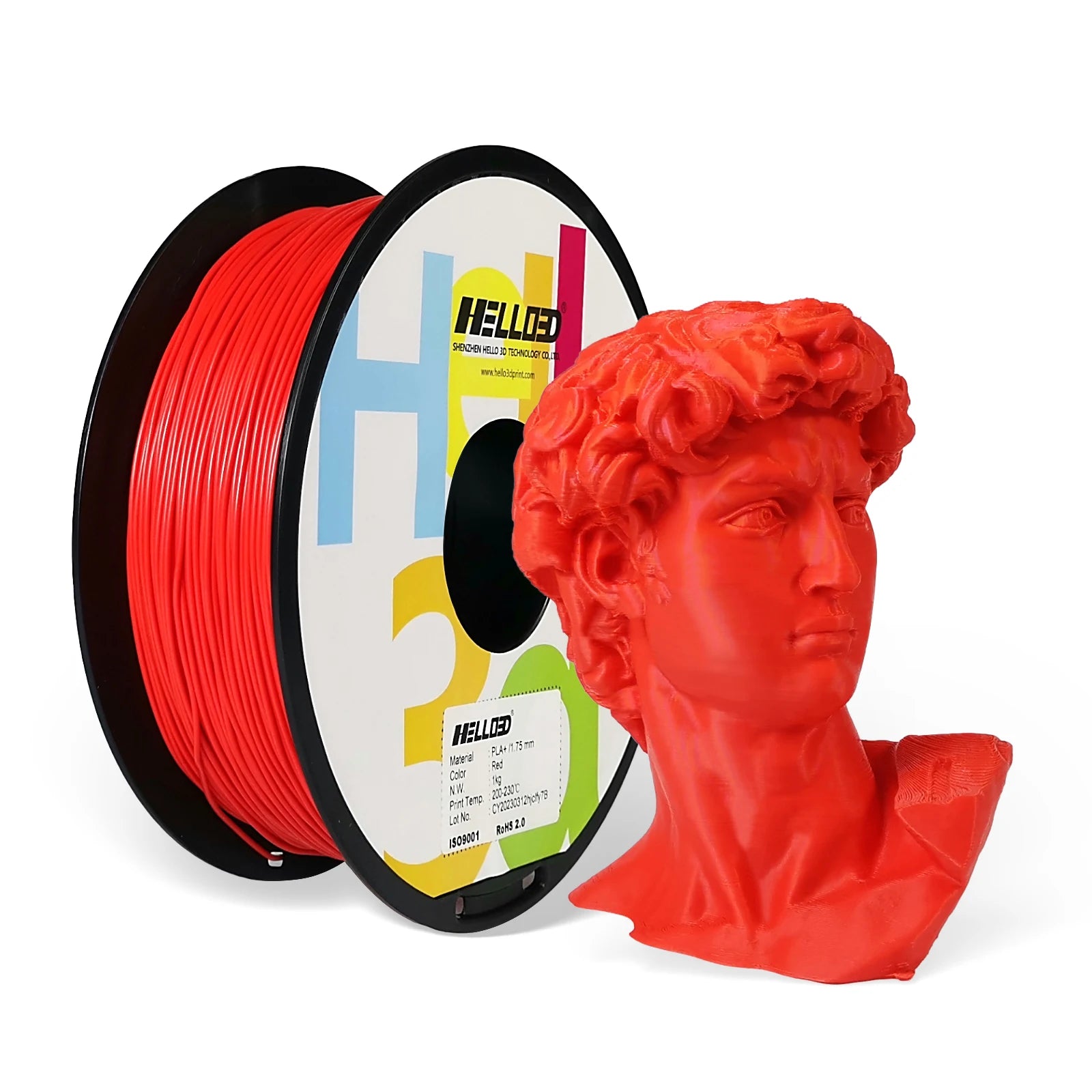 A spool of Hello3D TPU Flexible Standard Colour 1.75mm Filament is displayed next to a red 3D-printed classical male bust, highlighting the detail and flexibility offered by Hello3D's flexible filament.