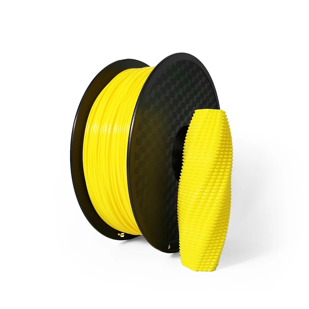 A spool of Hello3D Filament - TPU Flexible Standard Colour 1.75mm sits beside a yellow, textured 3D printed vase, both displayed on a white background.
