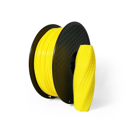 A spool of Hello3D Filament - TPU Flexible Standard Colour 1.75mm sits beside a yellow, textured 3D printed vase, both displayed on a white background.